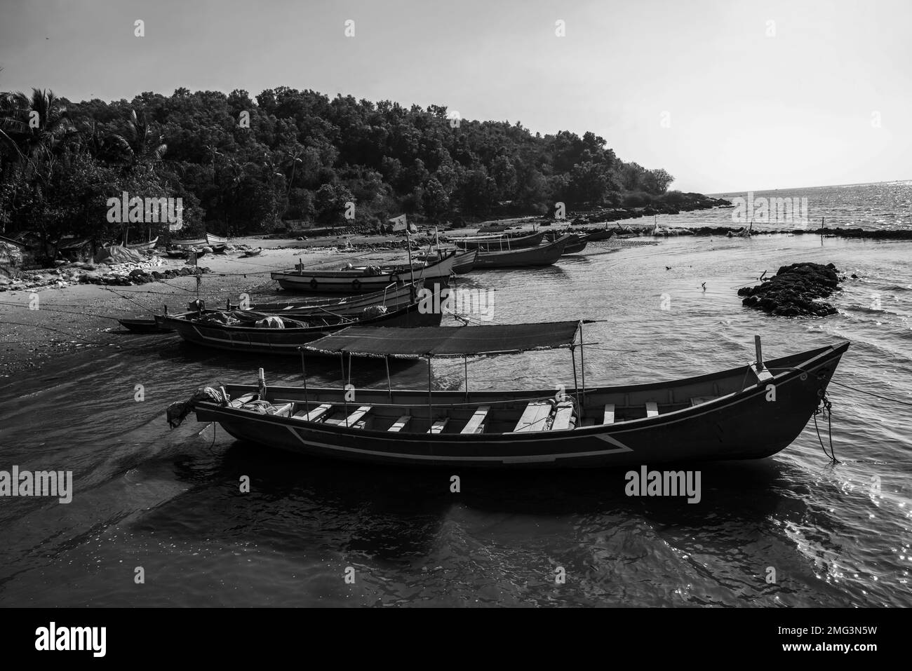 Paysage à Goa, Karnataka ou Kerala avec bateaux de pêche, Paysage inc avec bateaux de pêche, cocotiers sur la côte et aigles volants par temps ensoleillé Banque D'Images