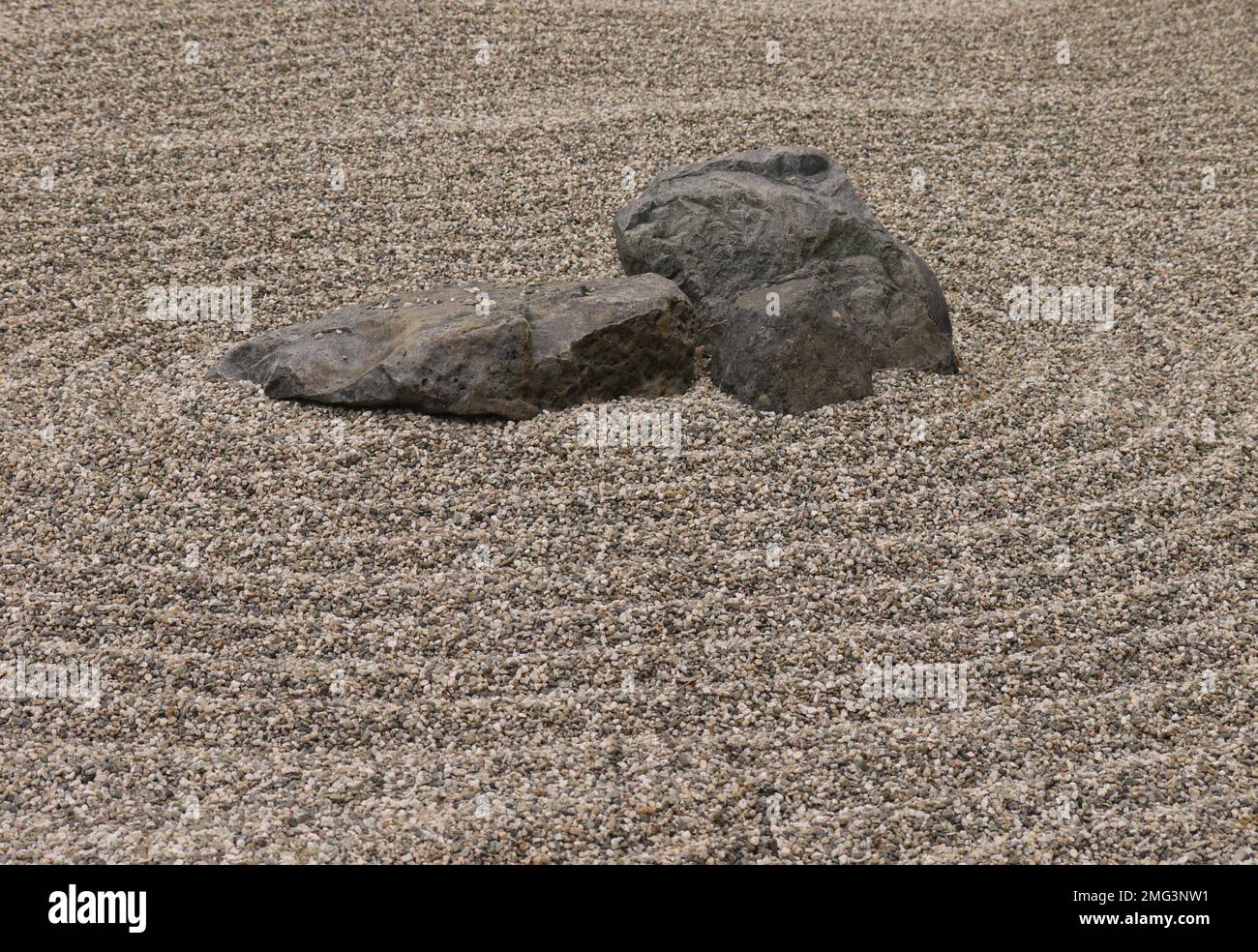 Des galets râtés entourent les rochers de la Cour Zen du jardin japonais des jardins botaniques de Huntington, à Saint-Marin Banque D'Images