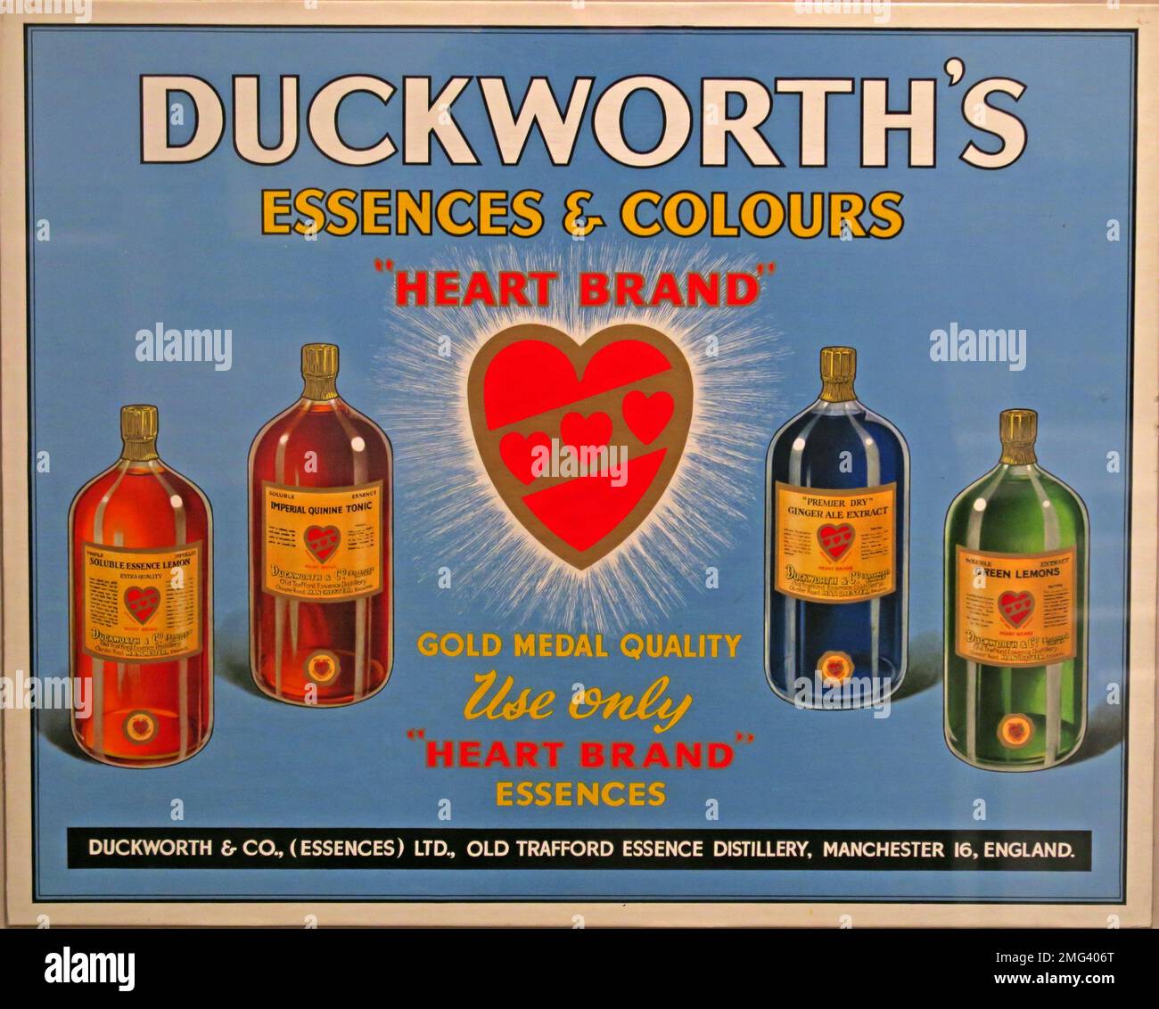 Duckworths Essences & Colors, Heart Brand, affiche de la distillerie Old Trafford essence, Manchester 16, Angleterre, Royaume-Uni Banque D'Images