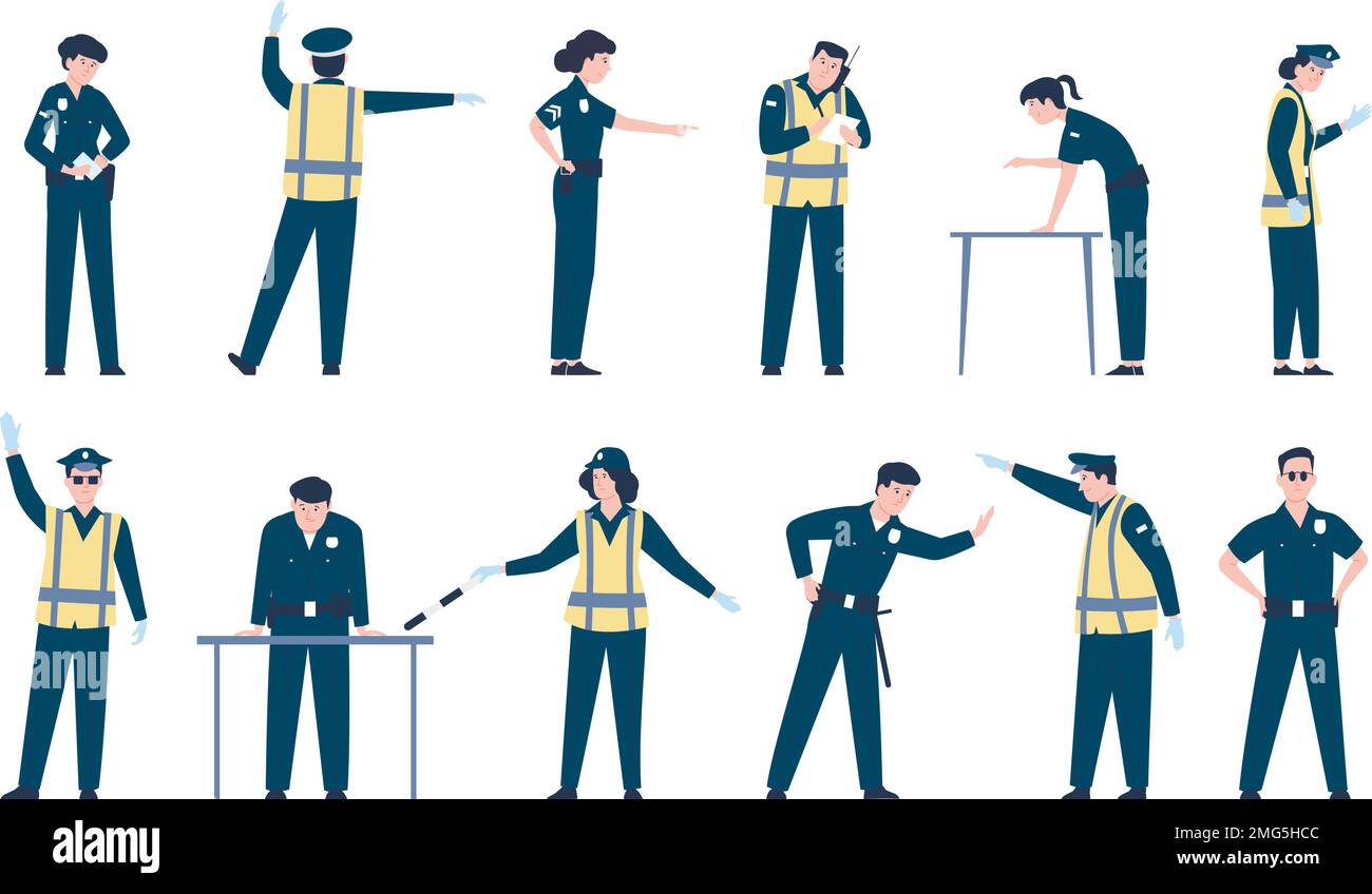 Personnages de police de la circulation. Patrouille rapide, policier et vigilantes. Agent de sécurité, garde flics dans diverses poses. Policiers ensemble de vecteurs récents Illustration de Vecteur