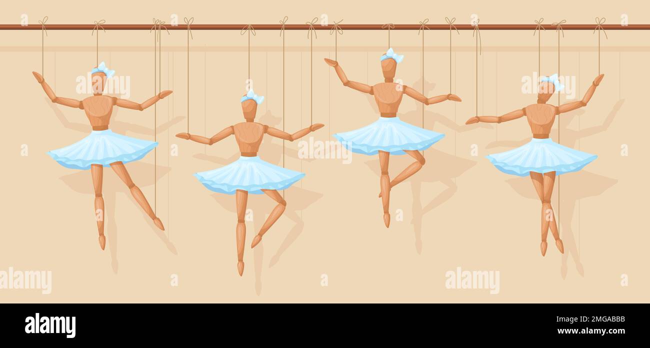 Marionnette ballerine. Marionnettes en bois ballet ou spectacle de théâtre, poupée humaine en bois sculpté, fille de marionnettes pendante dans la main principale, jouets de danse modèle illustration vectorielle de la marionnette ballerina design Illustration de Vecteur