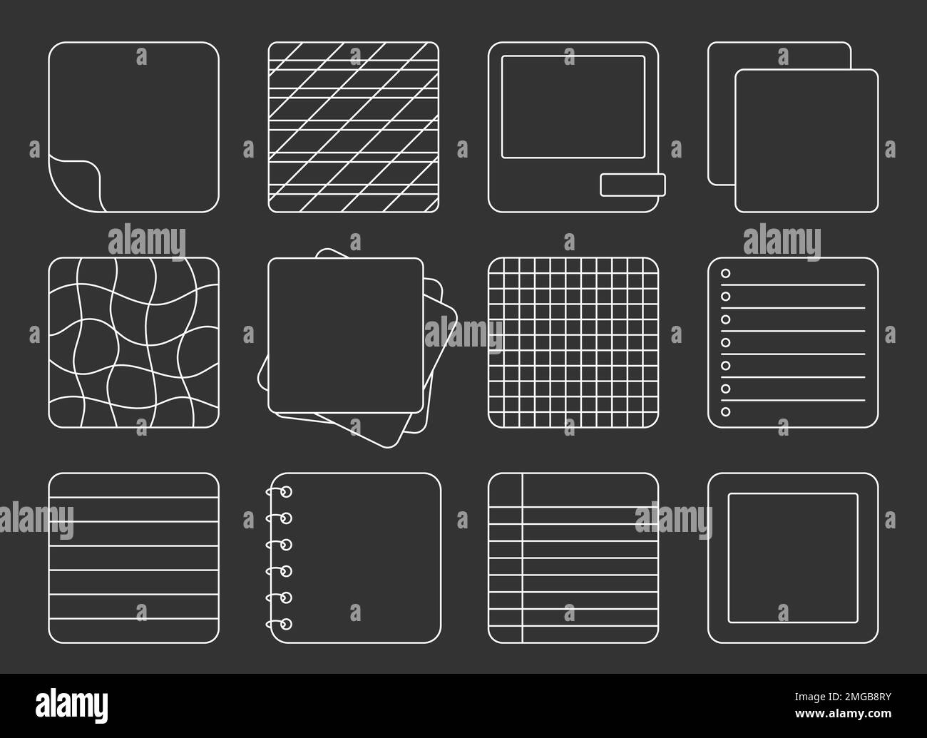 Autocollant papier bloc-notes carré ensemble de lignes blanches. Papier pointillé carré à lignes différentes note autocollant minimal transparent planificateur ordinateur portable design page tâche ne liste rappel cadre cahier contour isolé Illustration de Vecteur