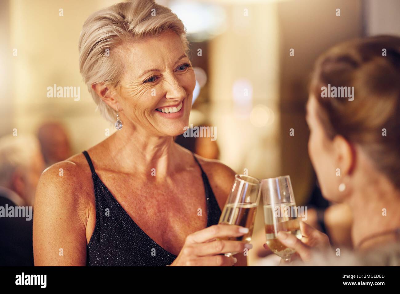 Succès, heureux ou femmes toast dans une partie pour des buts, gagnant ou nouvelle année à l'événement social de luxe. Des amis mûrs, célébrant ou senior sont applaudissements avec Banque D'Images