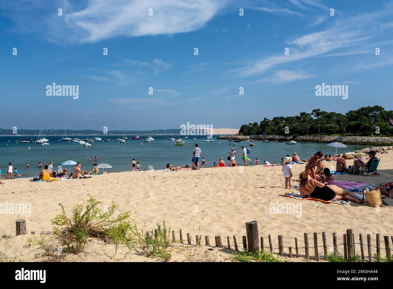 Cale-Cap-Ferret (sud-ouest de la France) : vacanciers sur une plage en été sur la péninsule de Lege-Cap-Ferret, avec la dune de Pyla dans la distanc Banque D'Images