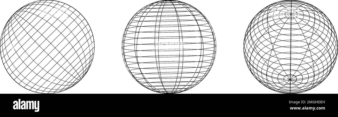 Sphères filaires sous différents angles. Ensemble d'éléments de cadre de grille de globe. Filet rond géométrique. Collection Outline Graphic Design. Illustration de Vecteur