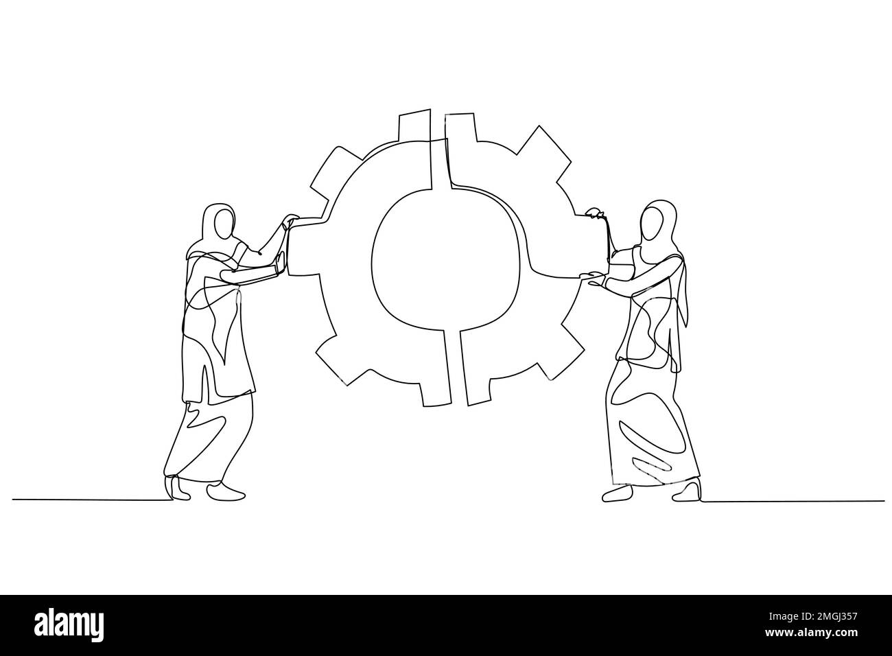 Dessin d'une femme d'affaires musulmane avec des collègues d'équipe reliant l'équipement de roue dentée au concept de partenariat d'intégration Illustration de Vecteur