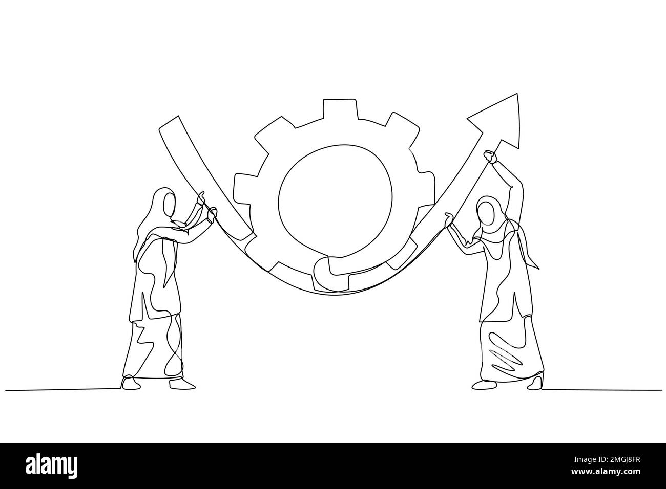 Le dessin d'une femme d'affaires musulmane aide à faire tourner la roue dentée d'équipement pour faire remonter la flèche vers le haut du concept de transformation de l'entreprise Illustration de Vecteur