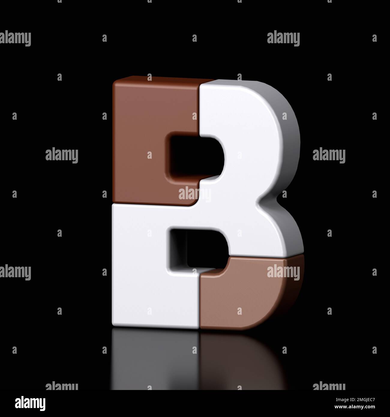 3d lettre b plastique marron et blanc de l'alphabet isolé sur fond noir. Illustration de la conception de caractères métalliques haute technologie, texte minimal St Banque D'Images