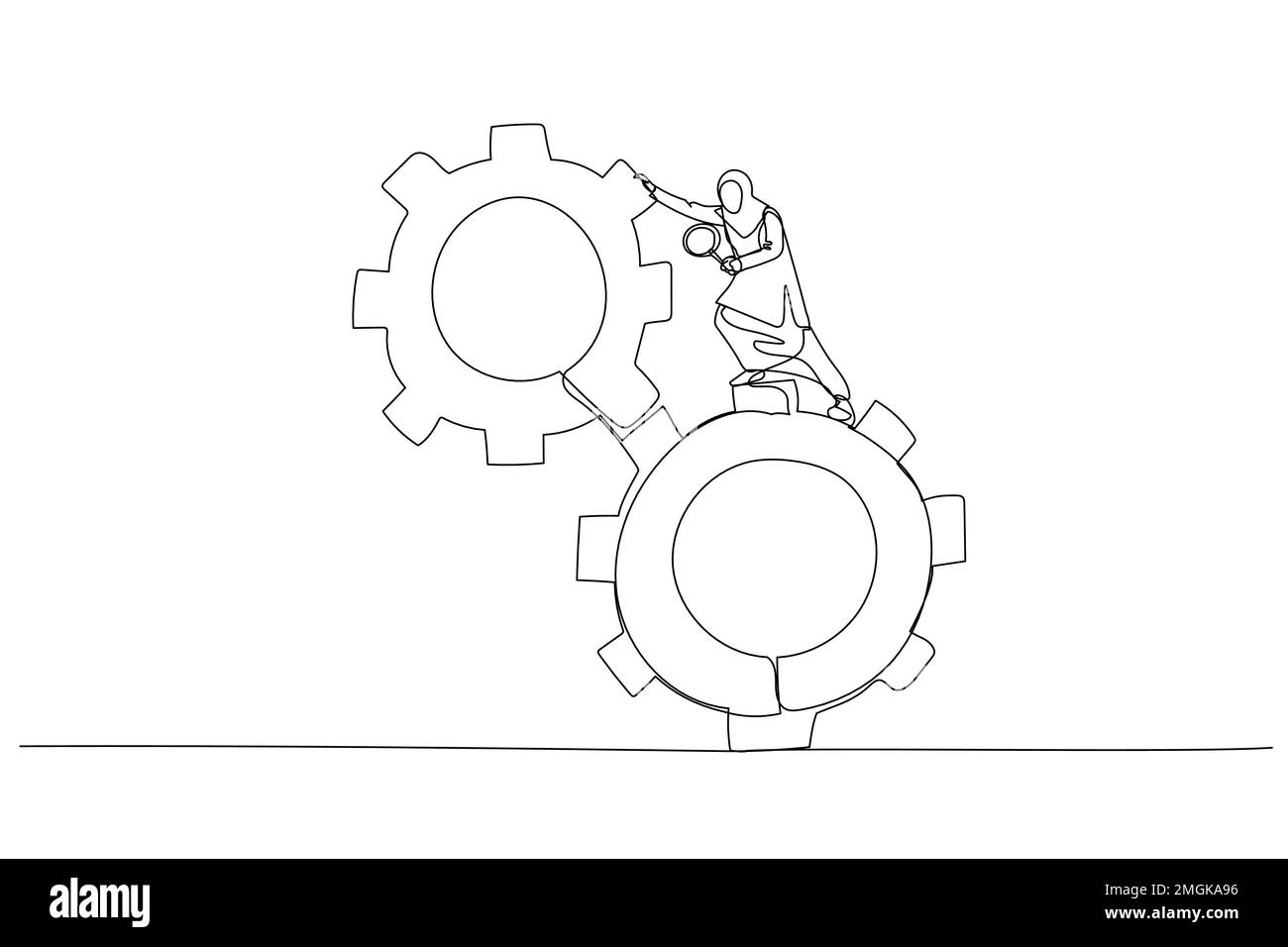 Caricature de la femme d'affaires musulmane chef utiliser la loupe analyser roues de cog problème concept résoudre le problème Illustration de Vecteur