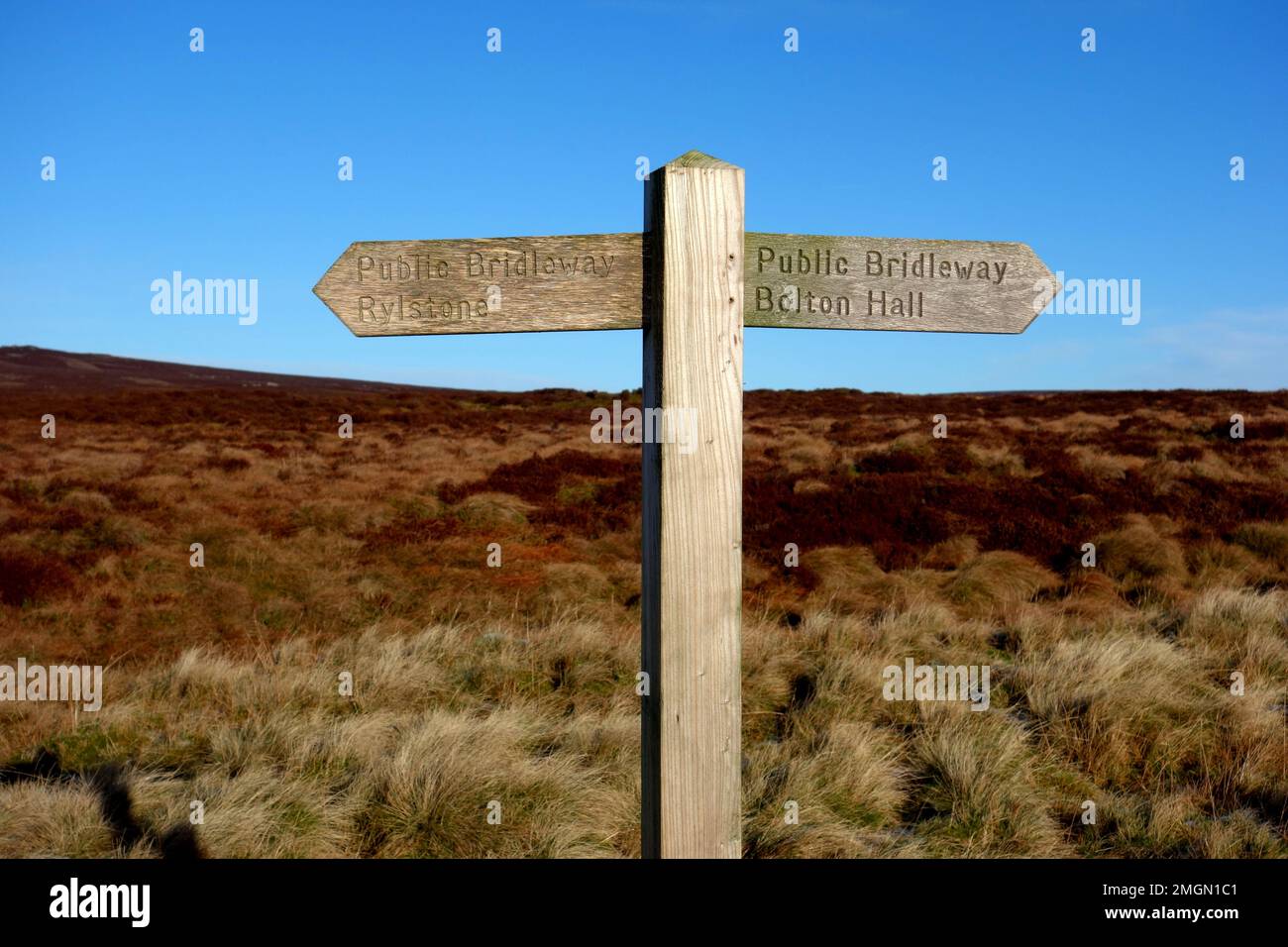 Panneau en bois pour la voie publique de Rlystone à Bolton Hall dans le parc national de Yorkshire Dales, Angleterre, Royaume-Uni. Banque D'Images