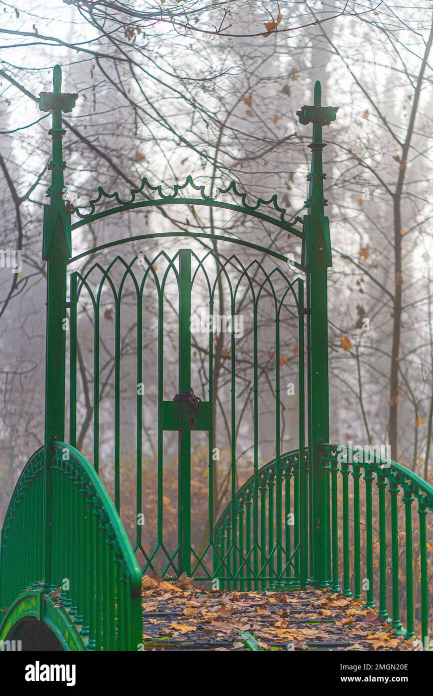 Portail métallique sur le pont dans le parc en automne. Profitez de la paix et du calme dans la nature. Photographie de la vie. Banque D'Images