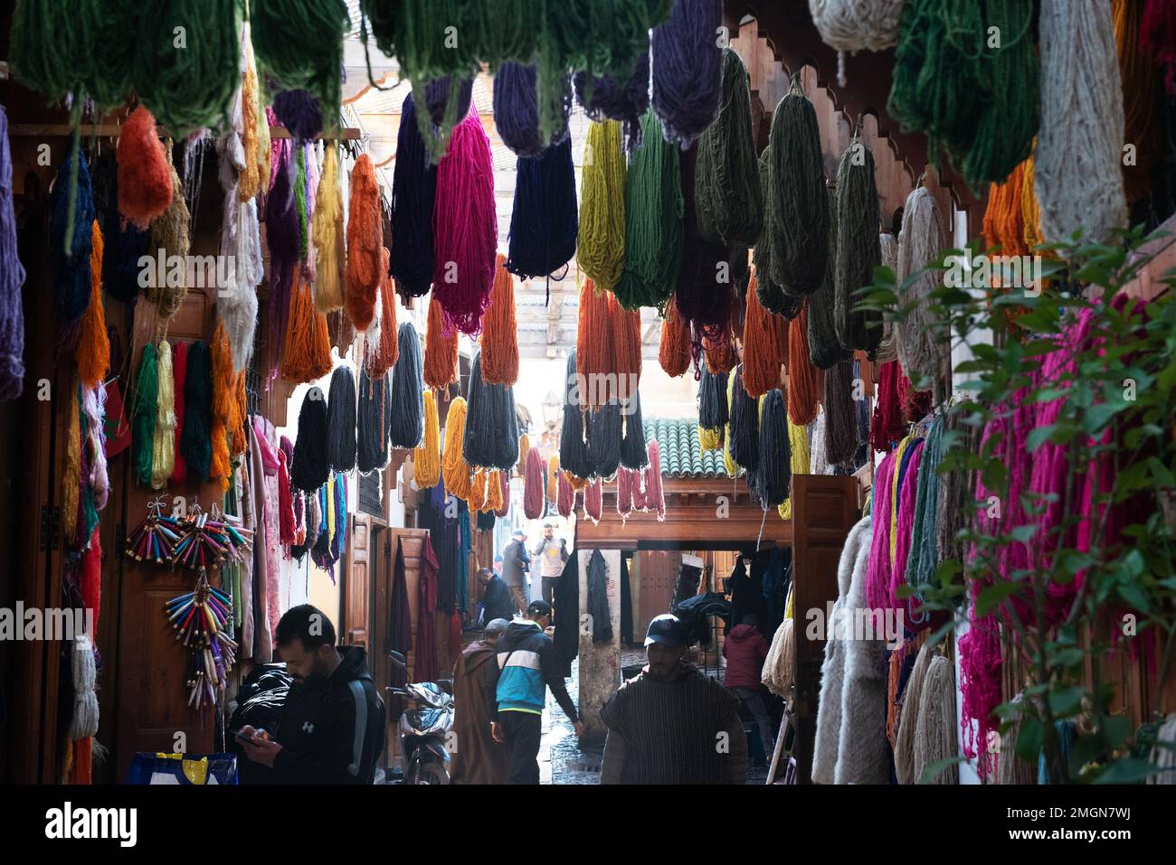 FES la vieille ville impériale du Maroc, la Médina la plus grande zone piétonne du monde, a diverses zones artisanales, ici la laine mourant accrochée à la vente Banque D'Images