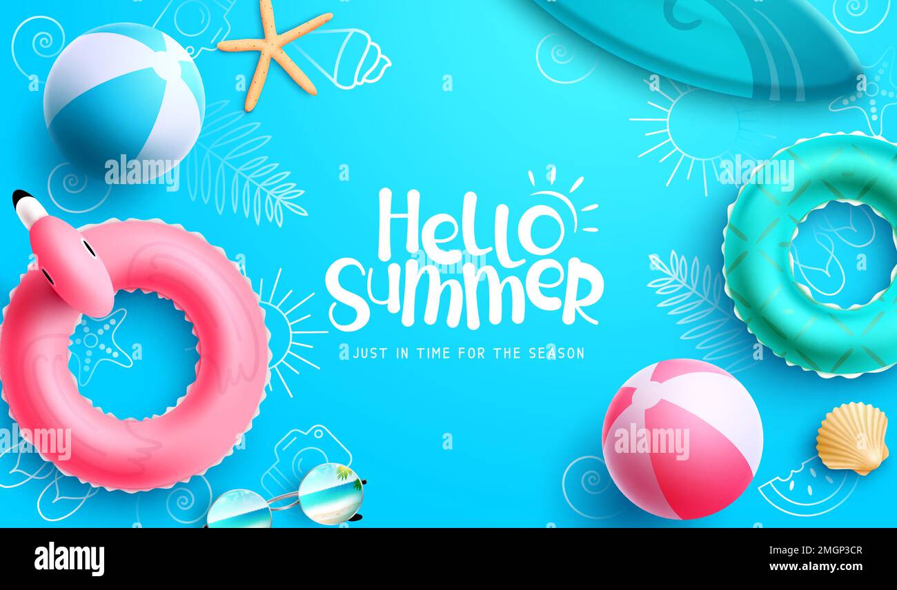 Motif vecteur Hello Summer. Bonjour texte d'été avec des éléments tropicaux comme le flotteur, le ballon de plage et le surf. Message d'accueil d'été de l'illustration vectorielle. Illustration de Vecteur