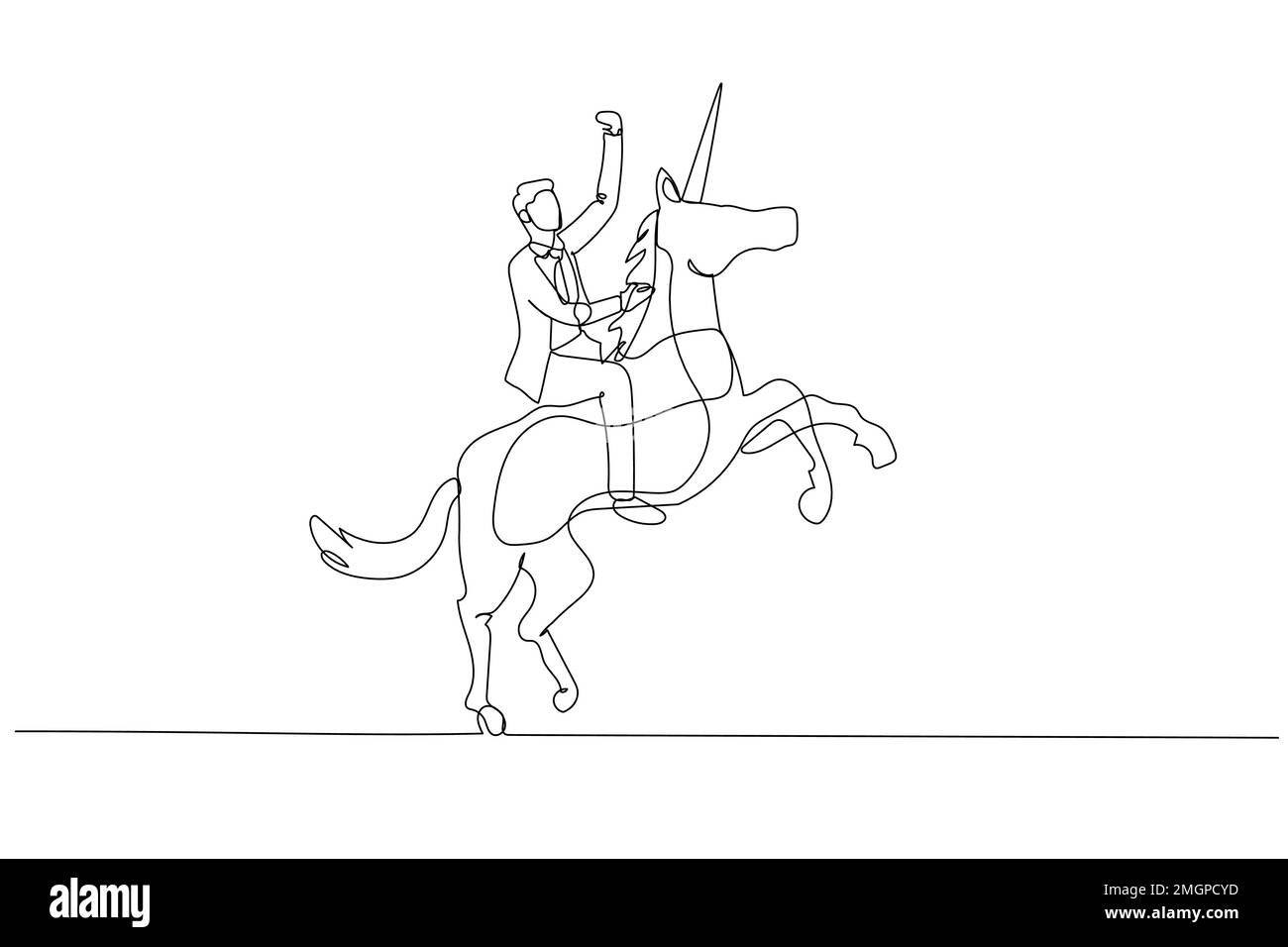 Illustration d'un homme d'affaires qui a une licorne et qui a une compagnie d'évaluation de milliard de dollars. Style art sur une seule ligne Illustration de Vecteur
