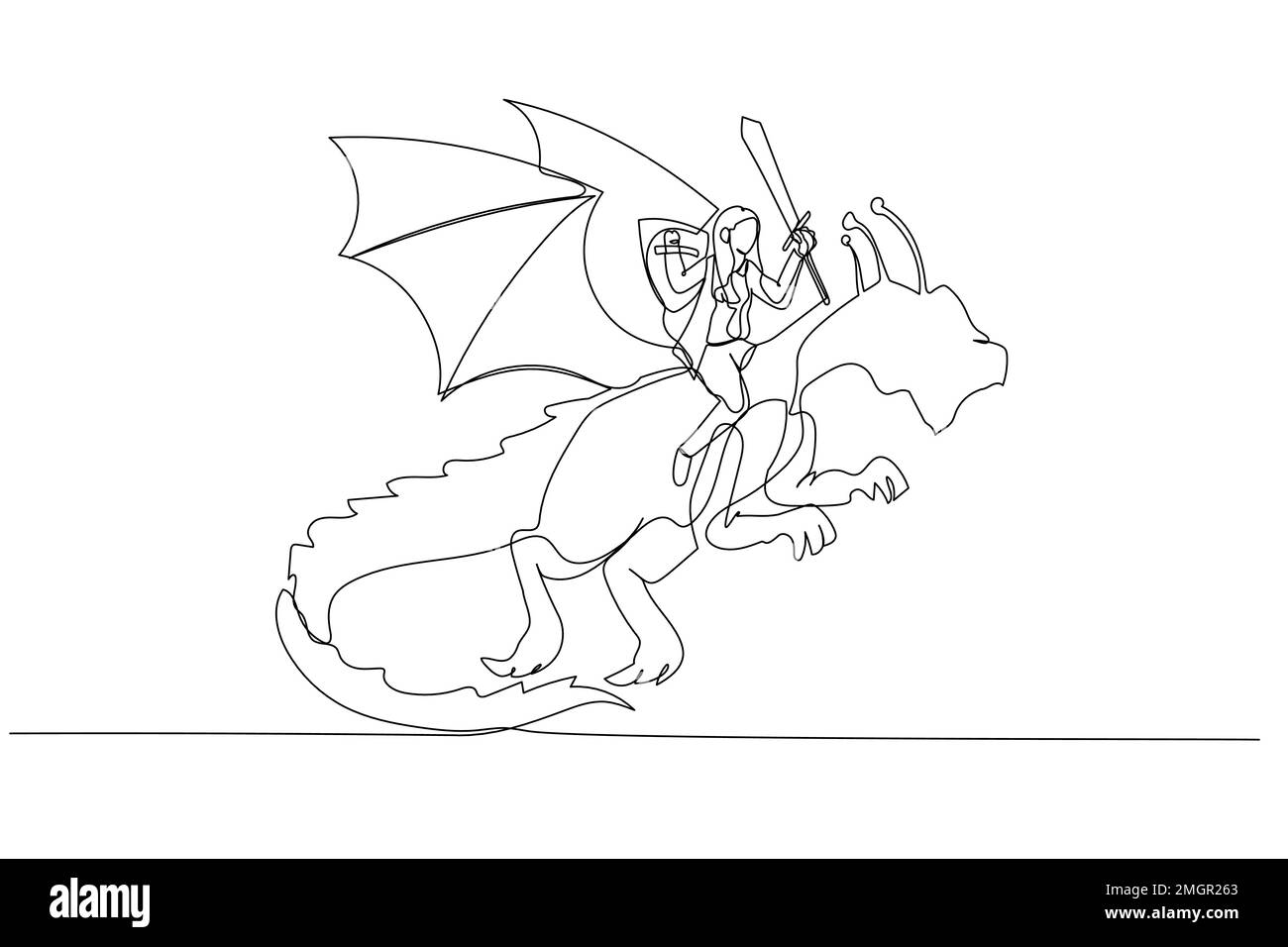 Caricature d'une femme d'affaires qui fait monter un dragon concept de surmonter l'adversité et le courage Illustration de Vecteur