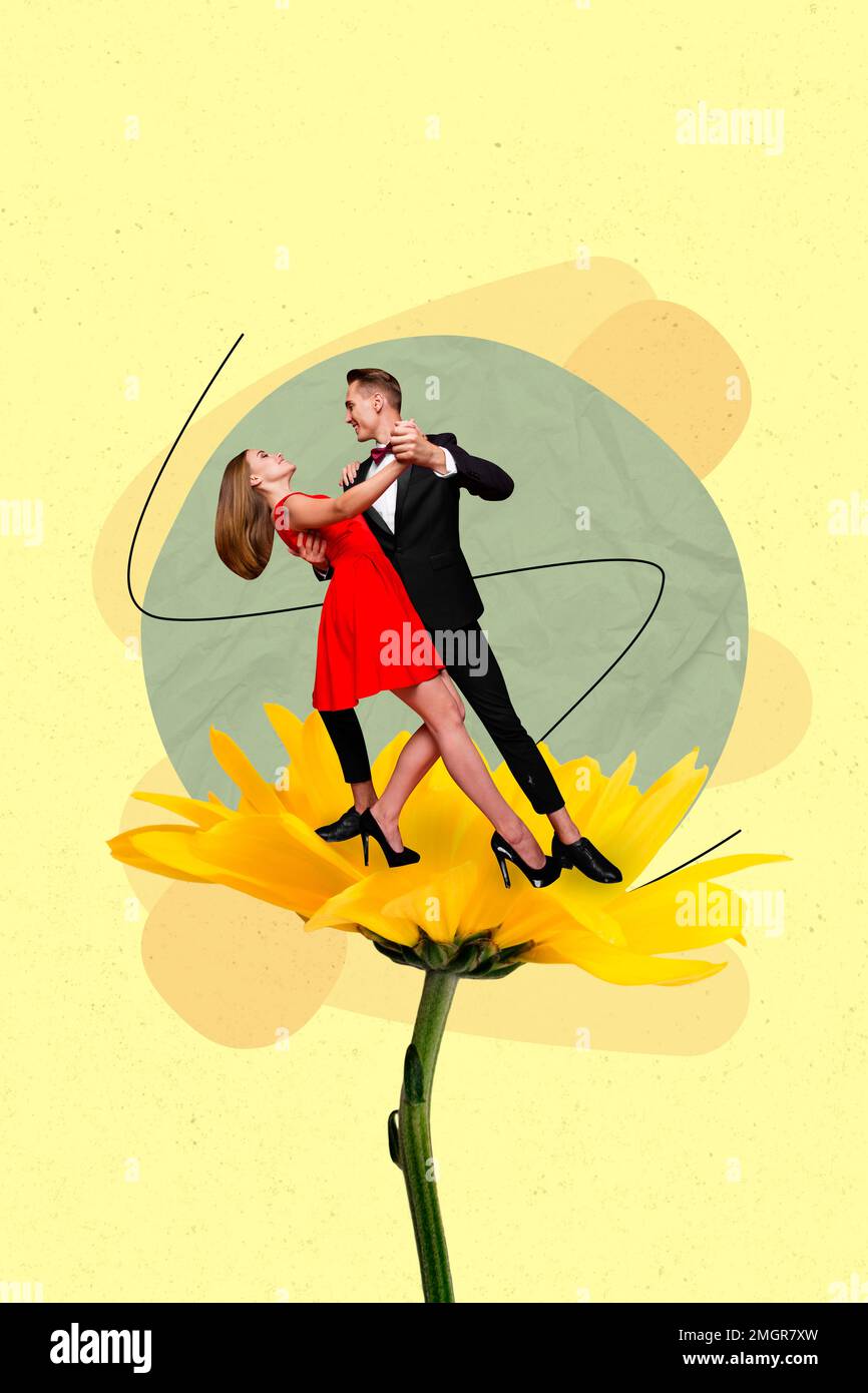 Montage photo créatif vertical de beau couple fille gars profiter de danse tango sur grande fleur isolée sur fond jaune Banque D'Images