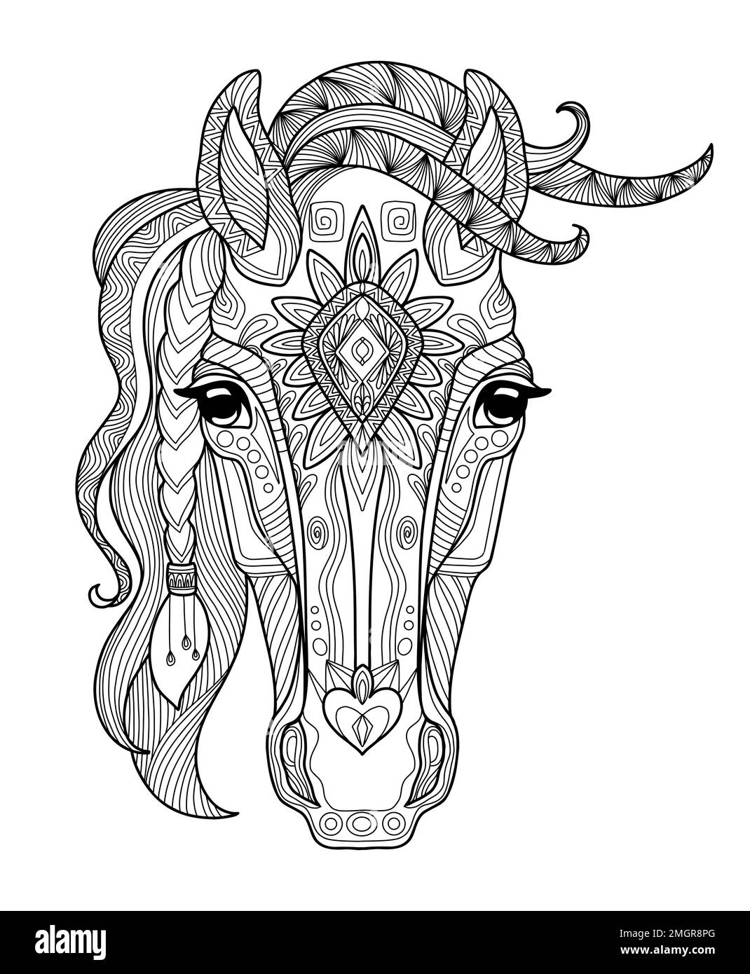 Tête de cheval stylisée en gros plan. Illustration du vecteur de contour noir de l'esquisse dessinée à la main. Pour page de coloriage antistress pour adultes, impression, design, décor, T-shir Illustration de Vecteur