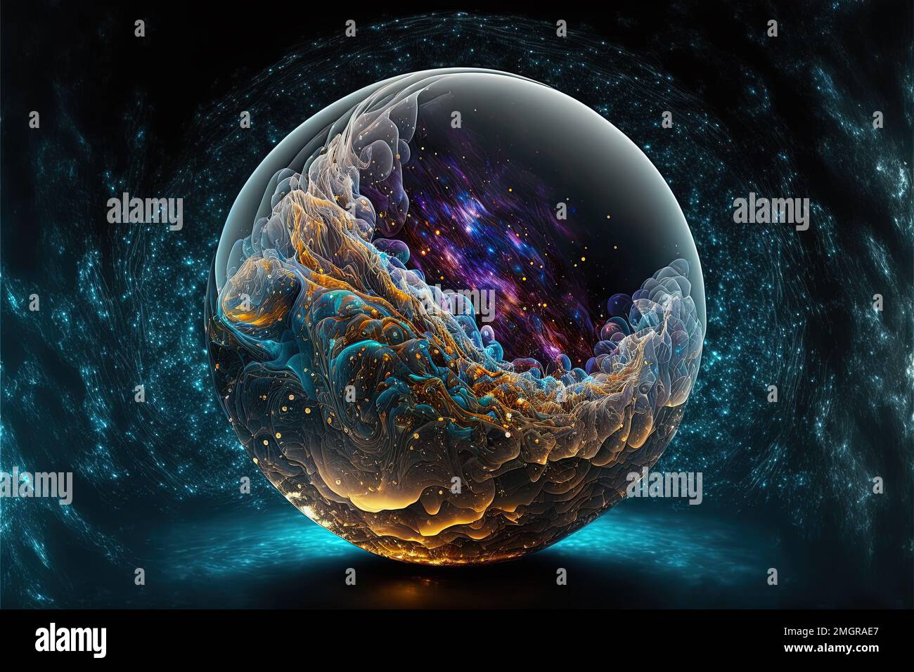 Une belle sphère remplie de lumière bleue et violette tourbillonnante Banque D'Images