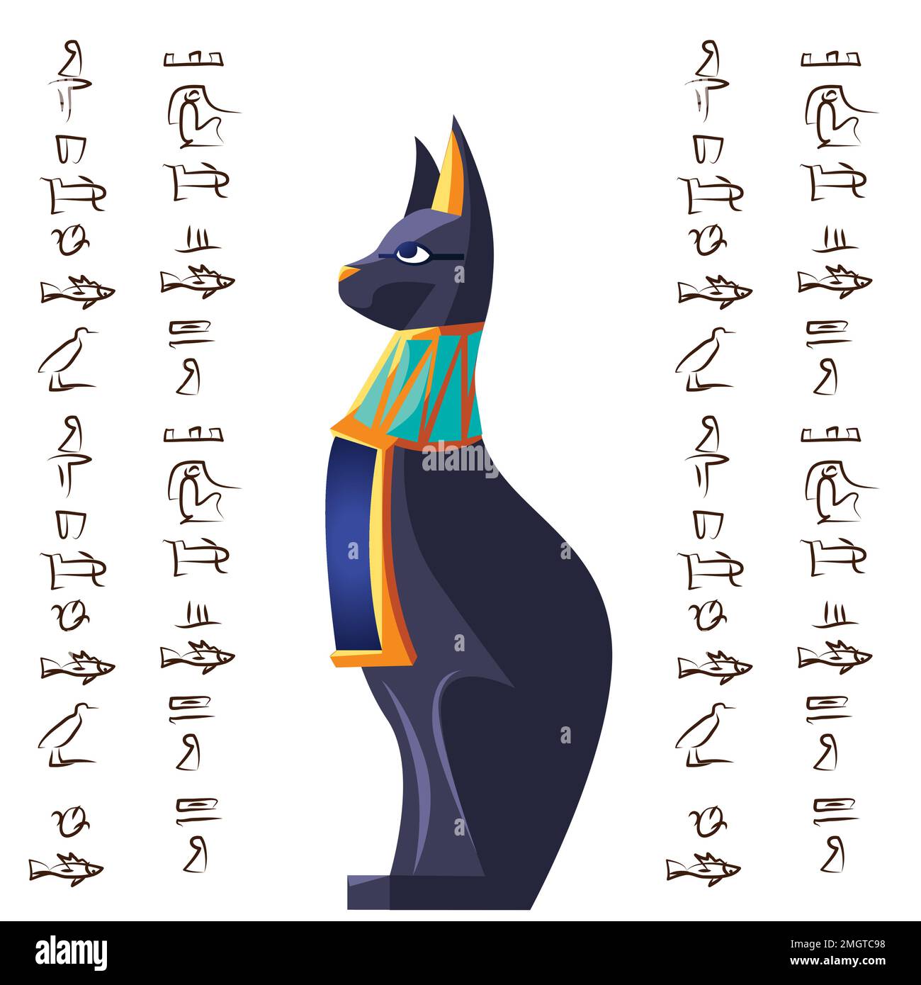 Illustration de dessin animé vecteur de chat de la déesse de l'Égypte antique. Symbole de la culture égyptienne, statue noire de la déesse Bastet, animal sacré isolé sur fond blanc avec signes hiéroglyphes Illustration de Vecteur