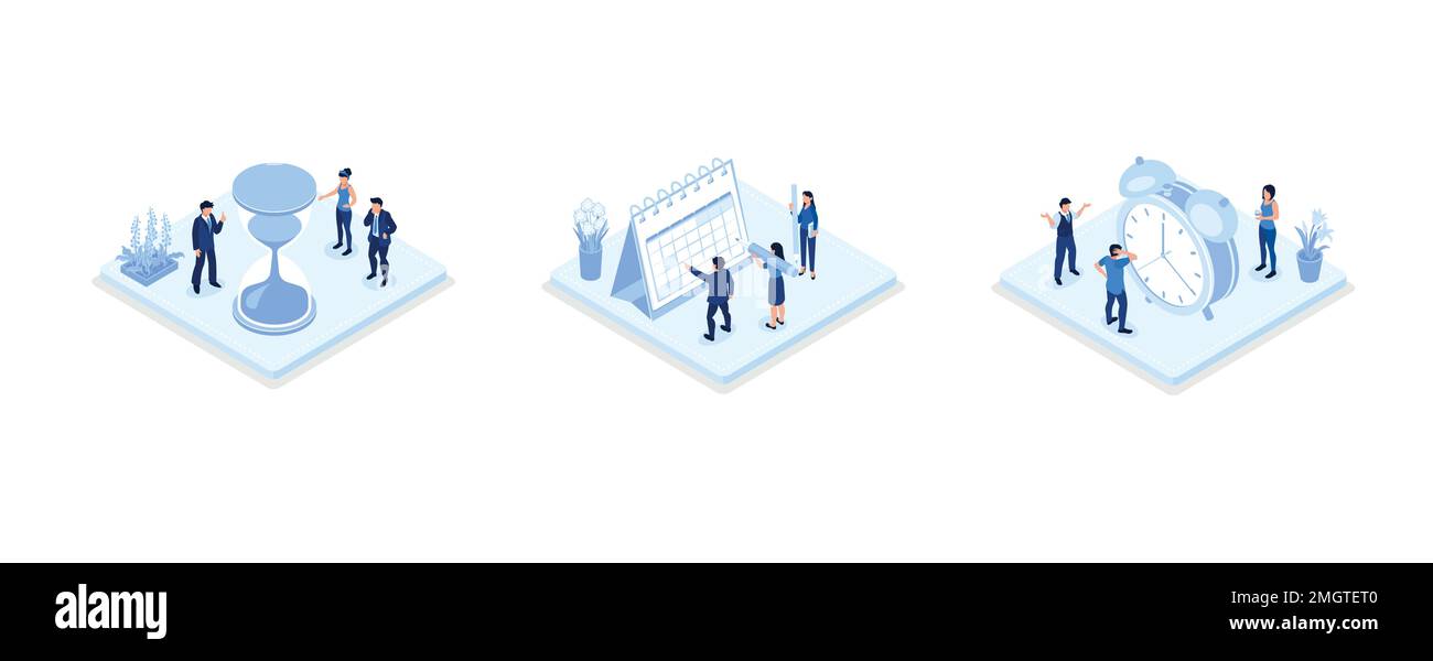 Scènes de gestion du temps et de planification des horaires. Personnages gérant le temps de travail et de vie, organisant les tâches quotidiennes et mettant la marque sur le calendrier, définissez isometr Illustration de Vecteur