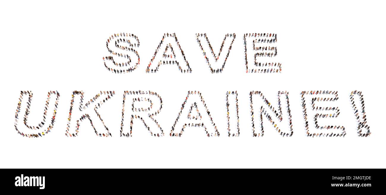Conceptuel grande communauté de personnes formant SAVE UKRAINE message . 3d métaphore de l'illustration pour l'aide, l'assistance, le soutien militaire et économique Banque D'Images