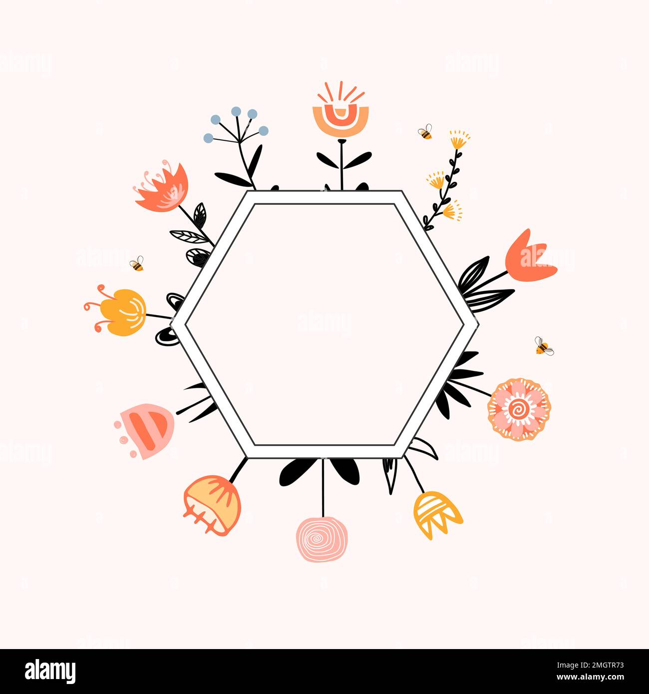 Cadre aux fleurs de miel et aux abeilles de style scandinave. Abeille en forme de peigne hexagonale. Illustration isolée à vecteur de dessin animé Illustration de Vecteur