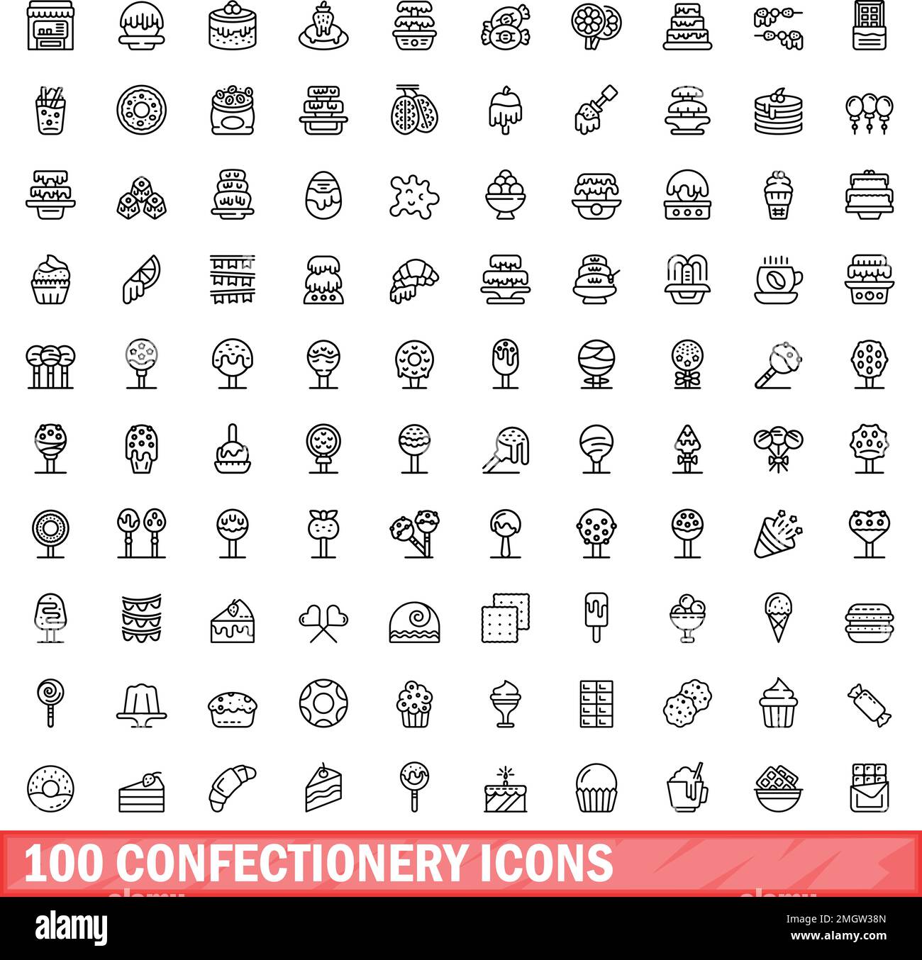 jeu de 100 icônes de confiserie. Illustration de 100 icônes de confiserie ensemble de vecteurs isolé sur fond blanc Illustration de Vecteur