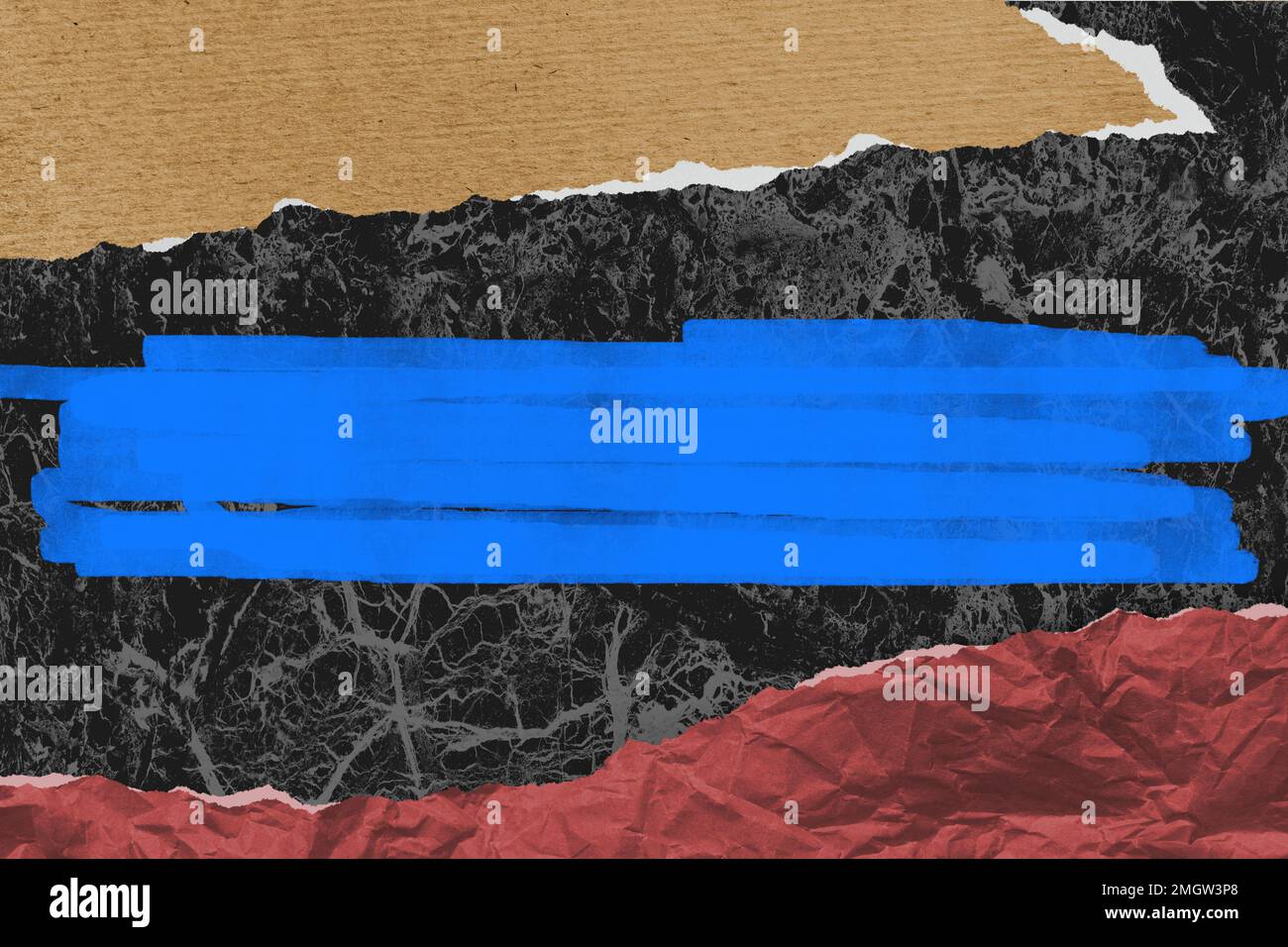 Collage abstrait surréaliste pour la créativité. Morceaux de papier déchiré de couleur dans la conception du matériau. Pinceau peint bleu vif pour votre texte. Banque D'Images Collage abstrait surréaliste pour la créativité. Morceaux de papier déchiré de couleur dans la conception du matériau. Pinceau peint bleu vif pour votre texte. Banque D'Images