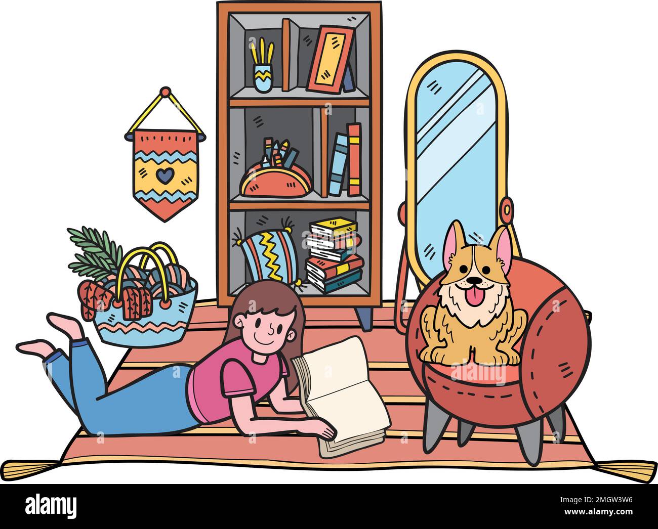 Femme dessinée à la main lisant dans la chambre avec l'illustration du chien Corgi en style doodle isolé sur l'arrière-plan Illustration de Vecteur