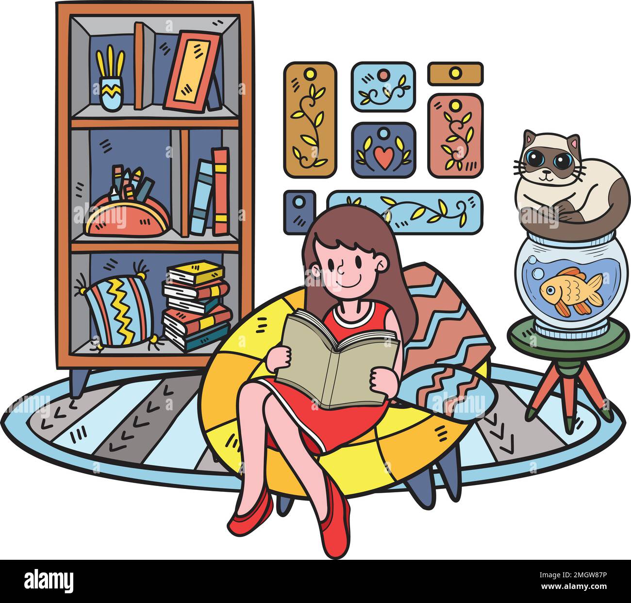 Dessiné à la main le propriétaire s'assoit et lit un livre avec le chat dans le salon illustration dans le style Doodle isolé sur l'arrière-plan Illustration de Vecteur