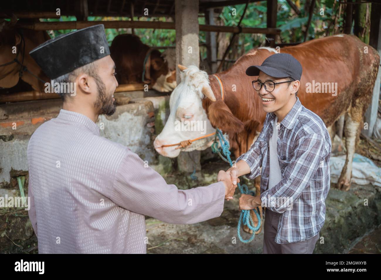 le fermier mâle debout et serrer à la main avec l'homme musulman Banque D'Images