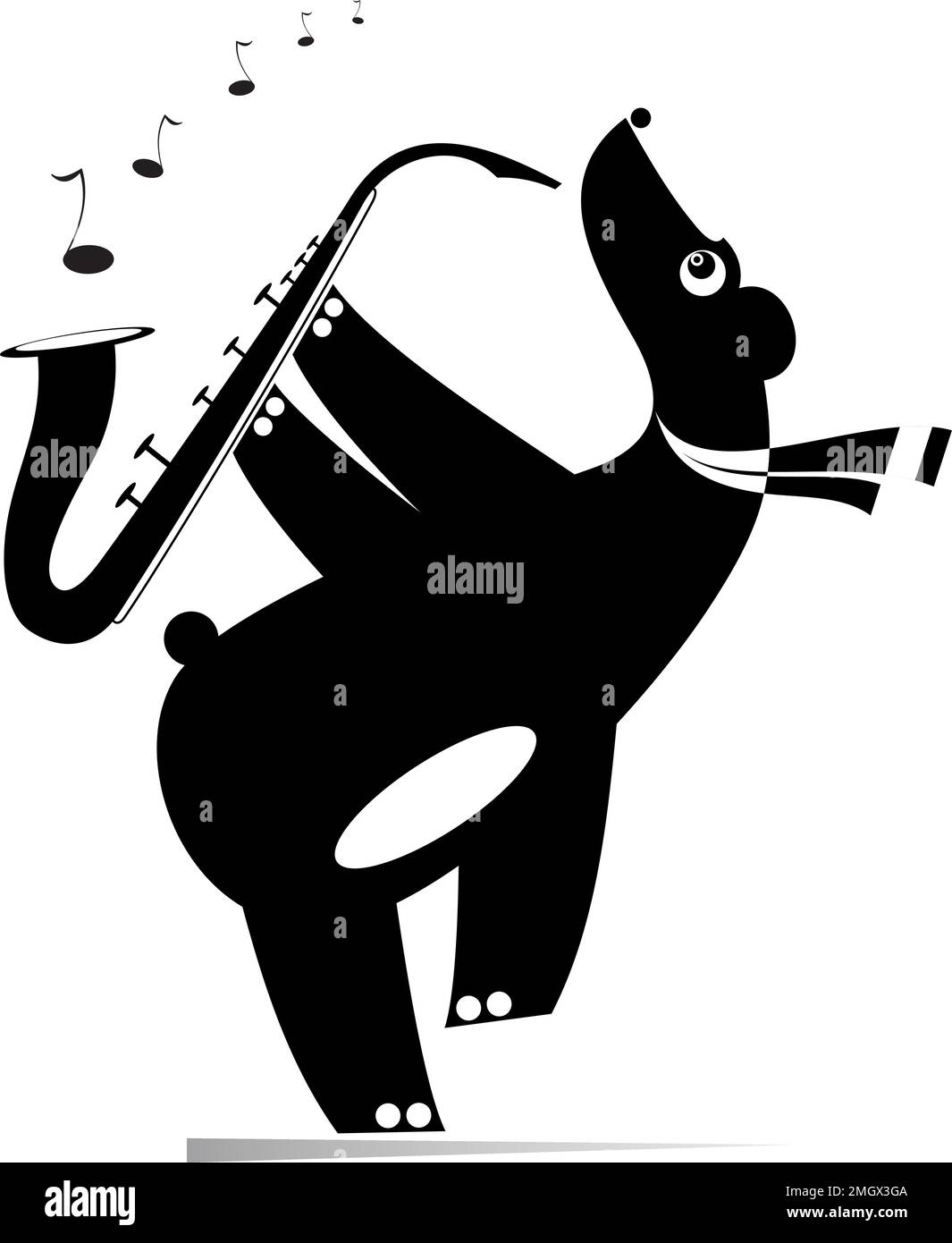 Ours drôle une illustration isolée saxophoniste. L'ours de dessin animé joue de la musique sur saxophone avec inspiration. Noir sur blanc Illustration de Vecteur