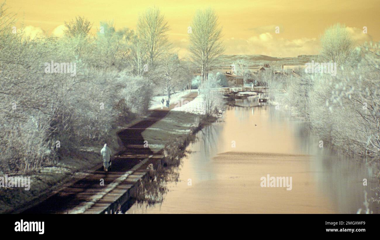 Image infrarouge de la fausse couleur de la voie de remorquage du canal Forth et clyde à Clydebank Banque D'Images