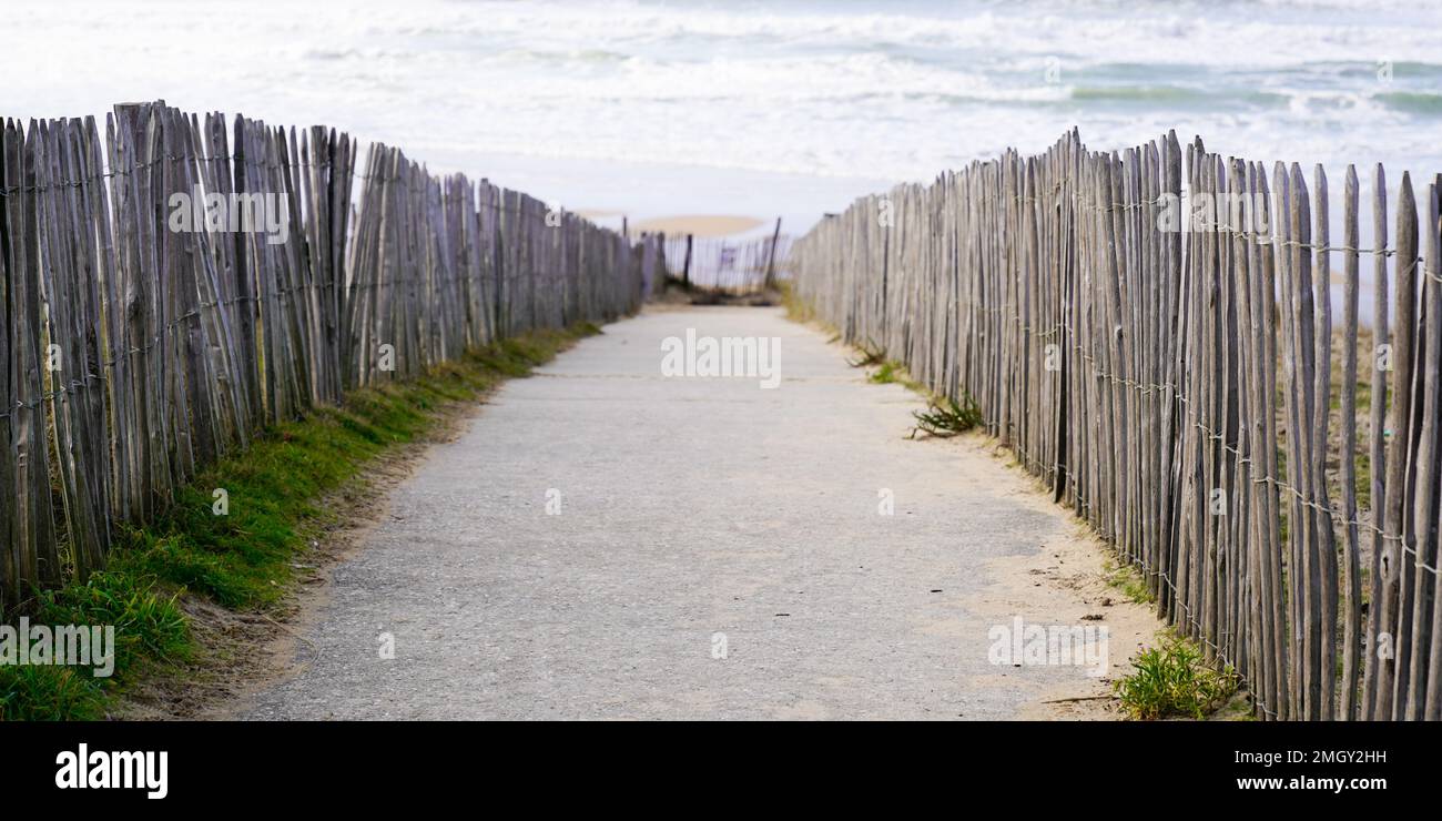 Accès en bois à la plage de dunes de sable en Gironde Lacanau en France Banque D'Images