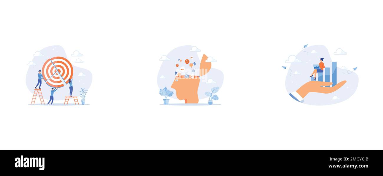 Objectif de l'équipe pour réussir ensemble, mauvaise attitude de pensée négative cause de l'échec ou de la peur, croissance de carrière ou graphique de gain financier, définir le vecteur m plat Illustration de Vecteur