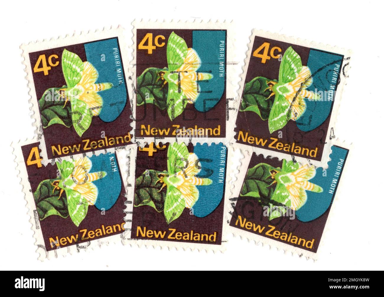 Timbres-poste vintage de Nouvelle-Zélande sur fond blanc. Banque D'Images