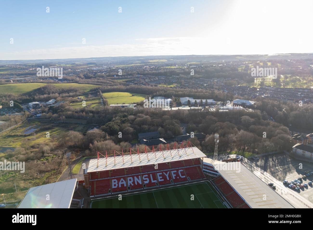 Barnsley FC football Club Oakwell Stadium de dessus drone aeria Banque D'Images