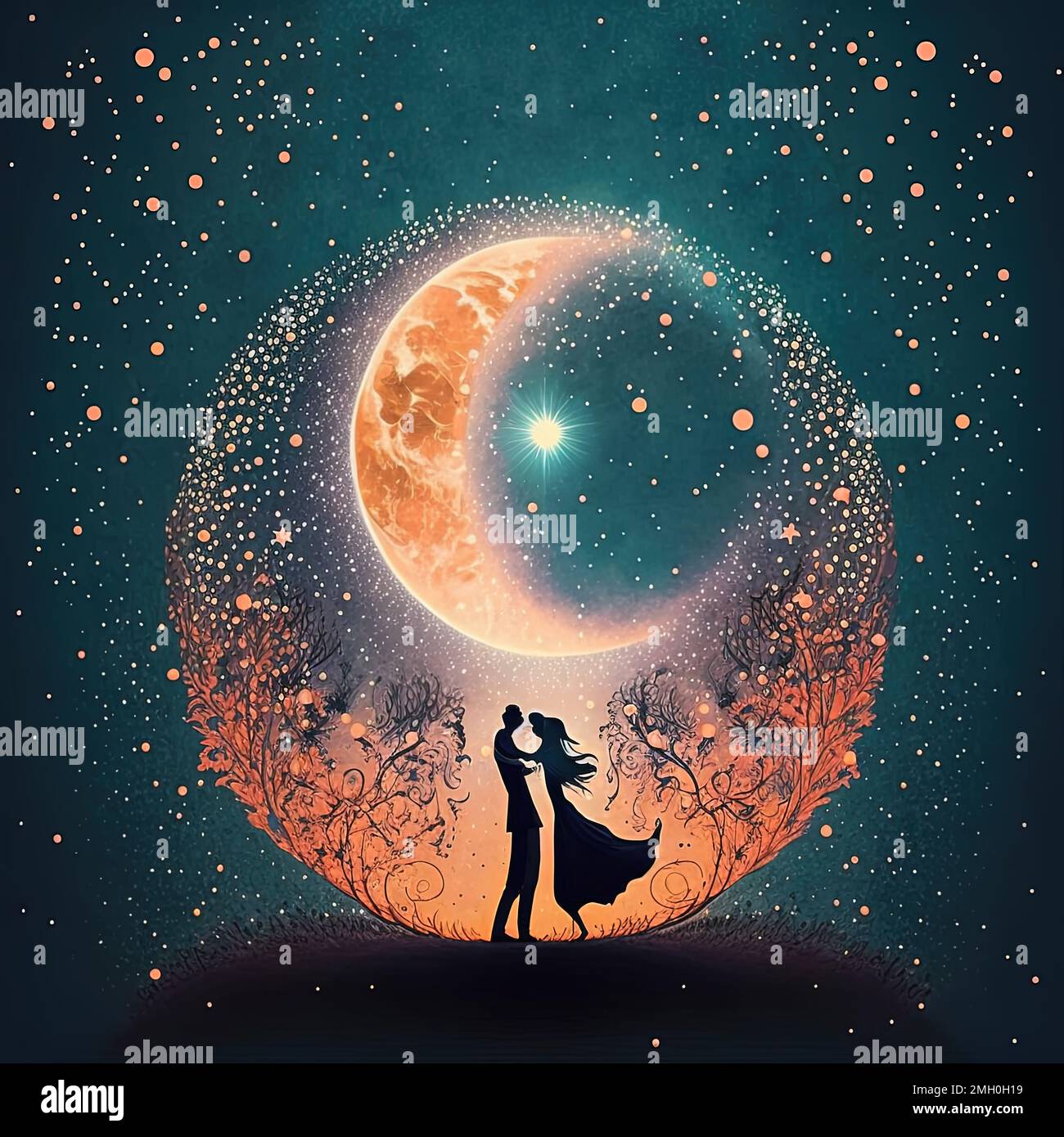 Une illustration rêveuse d'un couple dansant sous une pleine lune avec un fond de coeurs et d'étoiles Banque D'Images