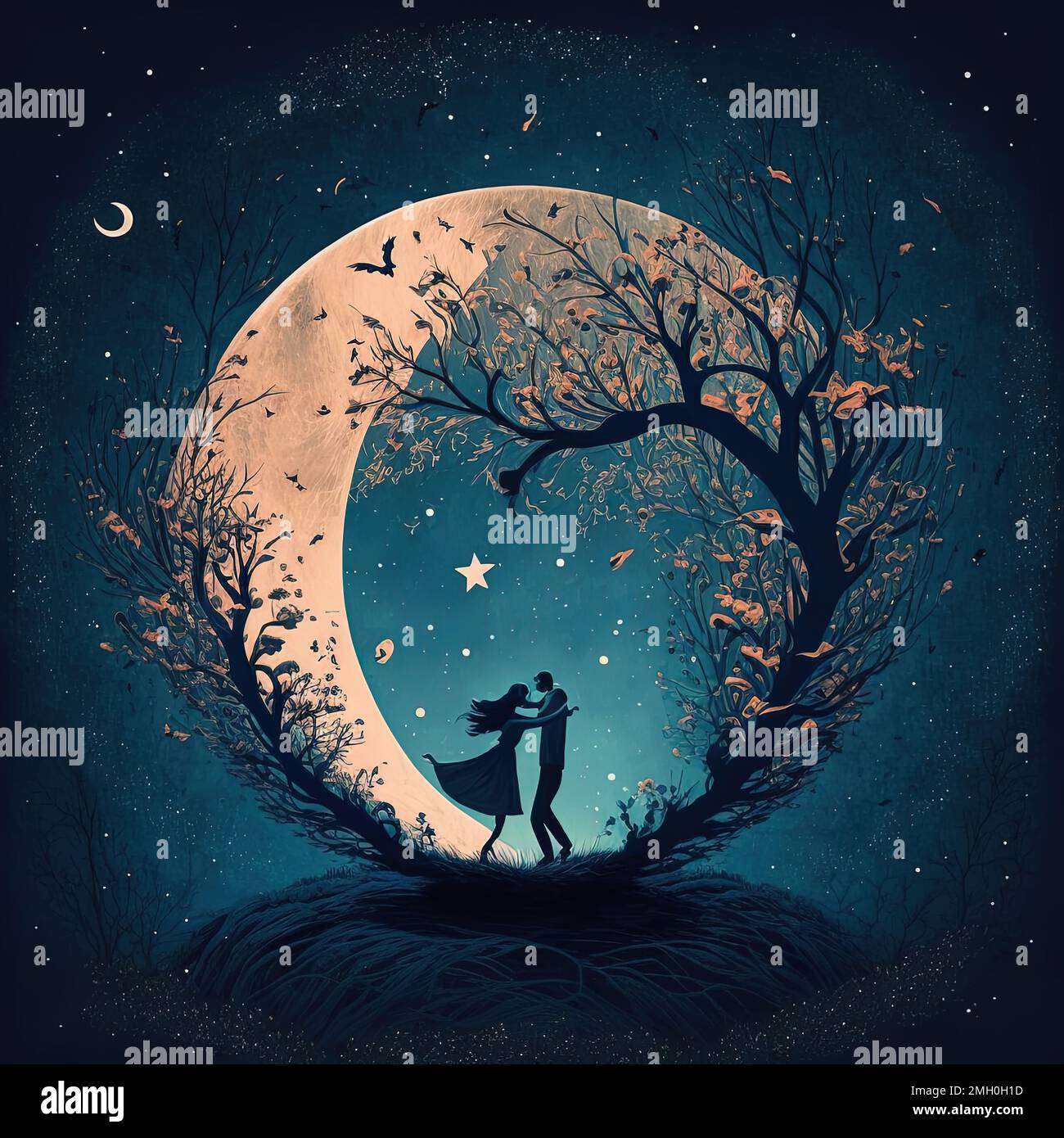 Une illustration rêveuse d'un couple dansant sous une pleine lune avec un fond de coeurs et d'étoiles Banque D'Images