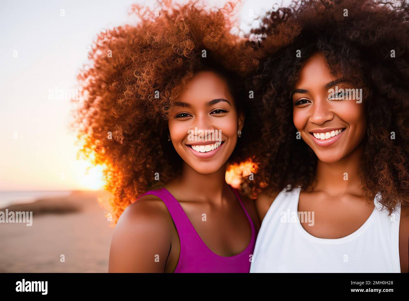 Beach Hug femmes amis avec des cheveux afro heureux sur l'amitié réunion vacances pour les vacances d'été ensemble. Banque D'Images