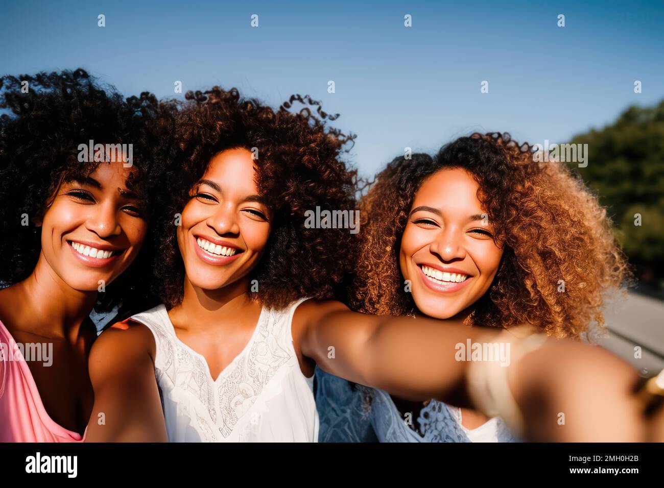 Les amies avec cheveux afro prennent le selfie au coucher du soleil Banque D'Images