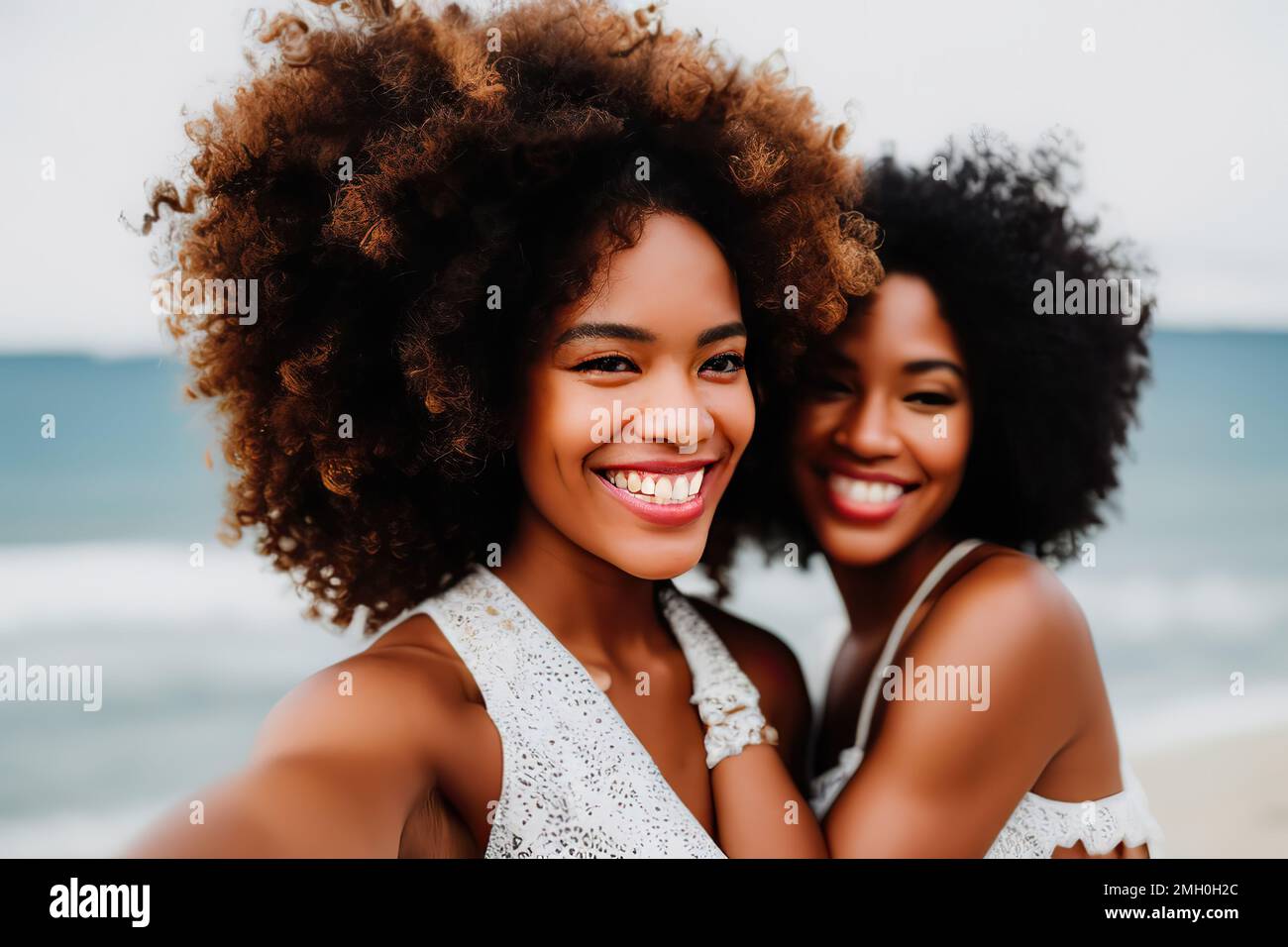 Les amies avec cheveux afro prennent selfie à sunsetFale amie Banque D'Images
