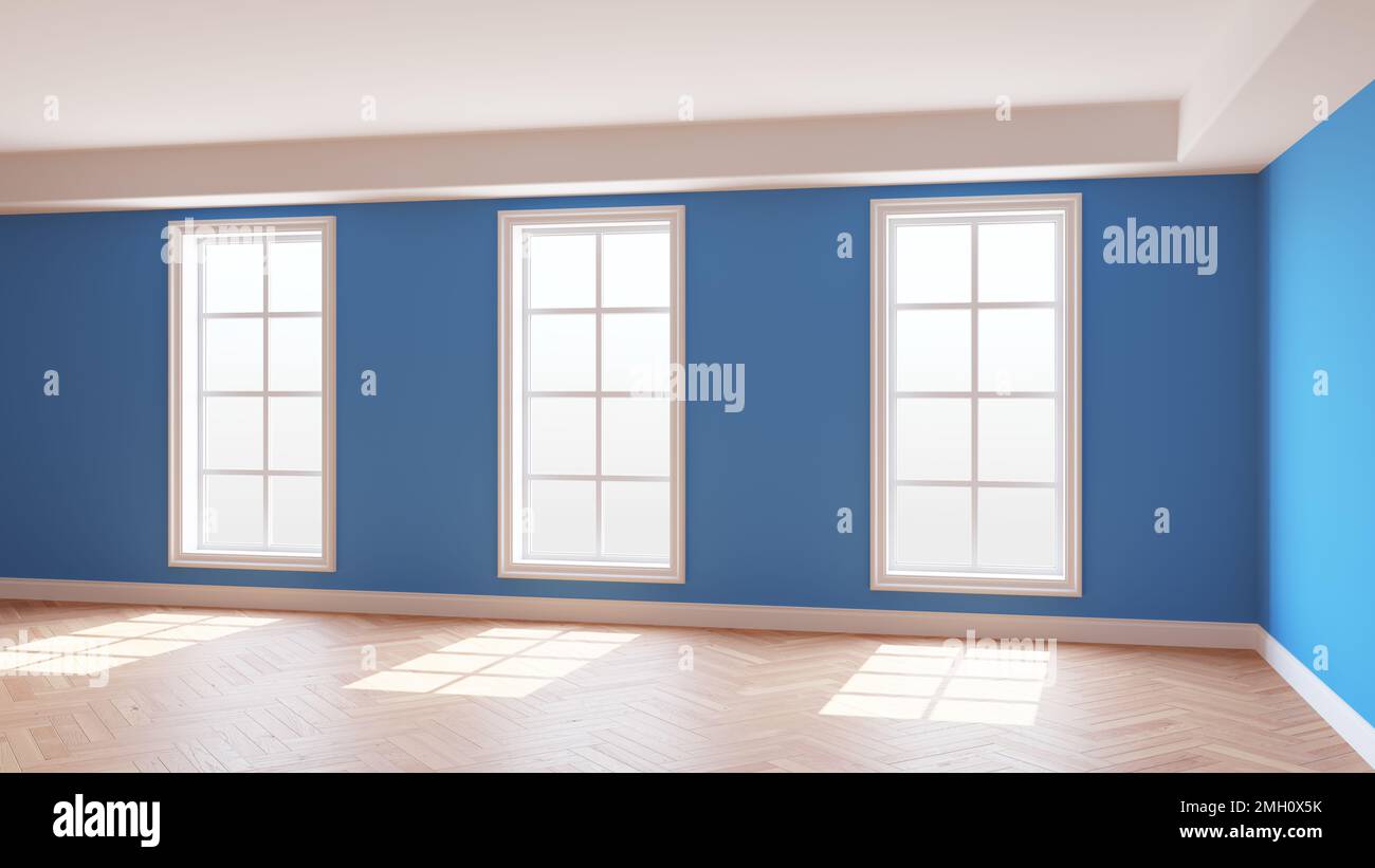Intérieur ensoleillé de la chambre bleue avec trois grandes fenêtres, parquet brillant à chevrons clair et un Plinth blanc. Magnifique concept de la chambre vide. 3D illustration, Ultra HD 8K, 7680x4320 Banque D'Images