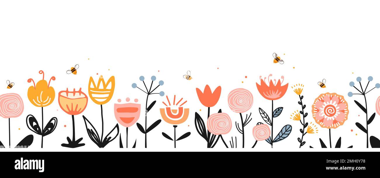 Les fleurs de fées bordent dans le style folklorique scandinave, motif vectoriel sans couture. Répétition de l'arrière-plan de la prairie de fleurs d'oodle avec des abeilles de miel. Conception pour le tissu Illustration de Vecteur