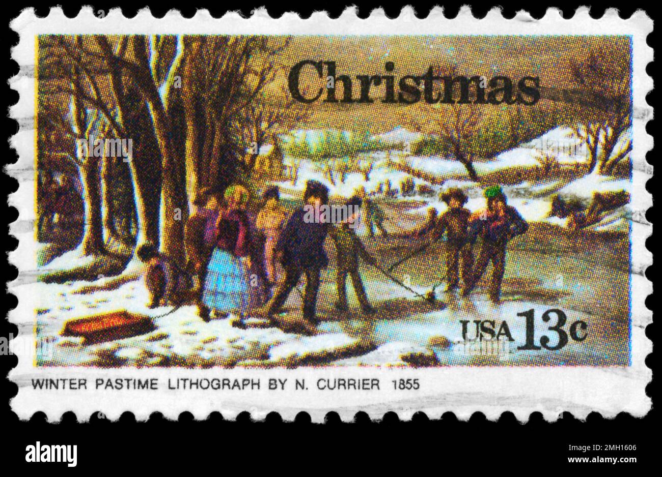 USA - VERS 1976: Un timbre imprimé aux Etats-Unis montre le passe-temps d'hiver, par Nathaniel Currier, numéro de Noël, vers 1976 Banque D'Images