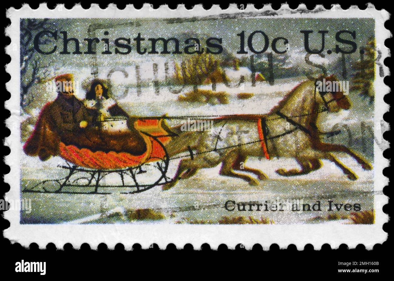 USA - VERS 1974: Un timbre imprimé aux Etats-Unis montre la route-hiver, par Currier et Ives, vers 1974 Banque D'Images