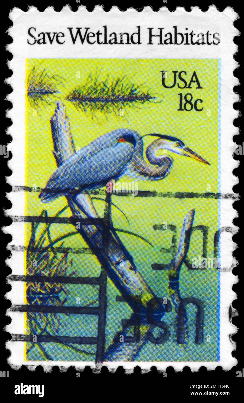 USA - VERS 1981: Un timbre imprimé aux Etats-Unis montre le Heron, préservation des habitats de la faune, vers 1981 Banque D'Images