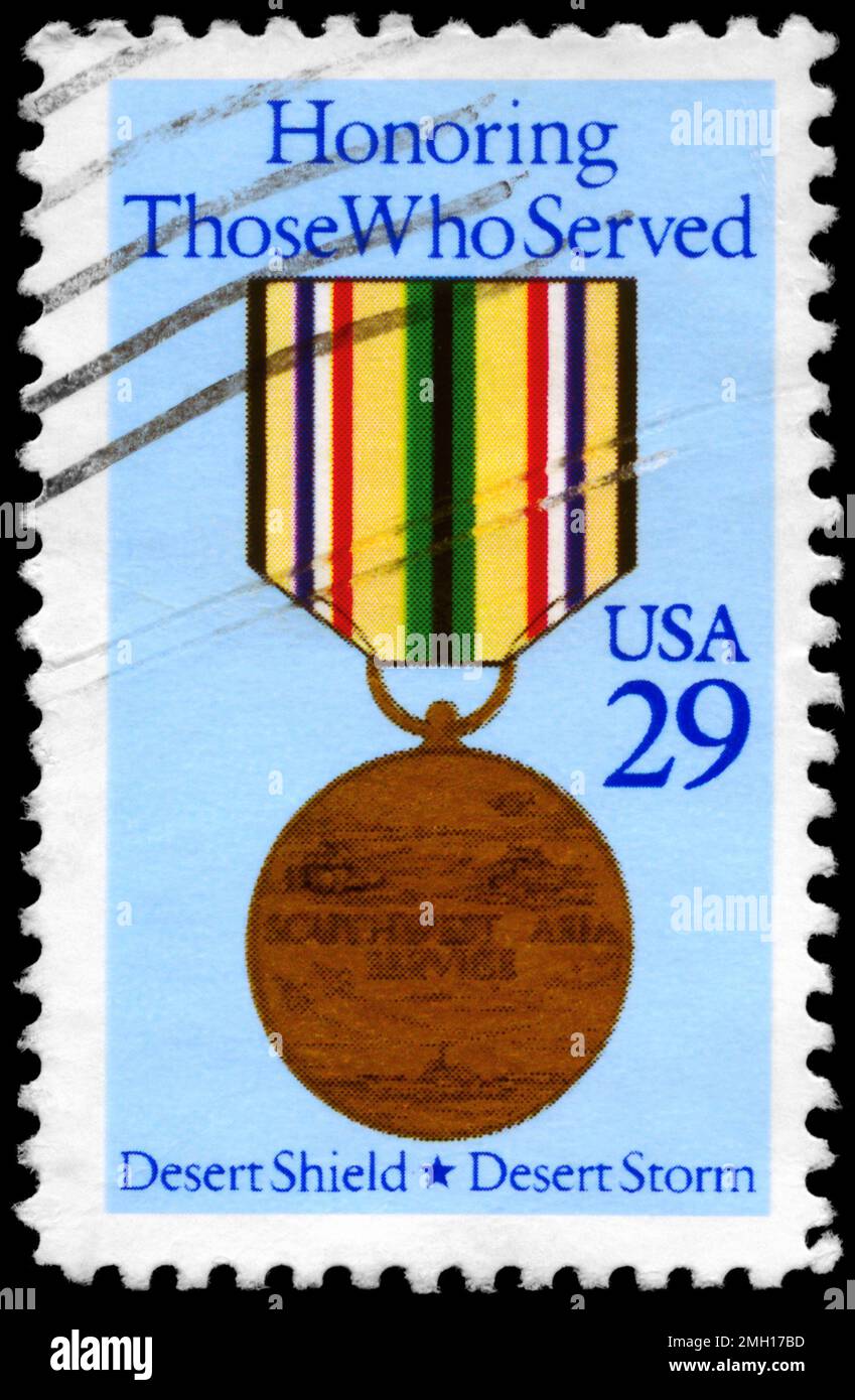 États-Unis - VERS 1991 : un timbre imprimé aux États-Unis montre la médaille du service en Asie du Sud-Ouest, vers 1991 Banque D'Images