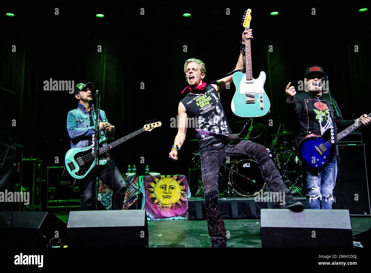Jon Lawhon, from left, Chris Robertson and Ben Wells of Black Stone Cherry are seen on board the Carnival Valor during day one of the ShipRocked cruise on Saturday, Feb. 1, 2020. (Photo by Amy Harris/Invision/AP) Banque D'Images