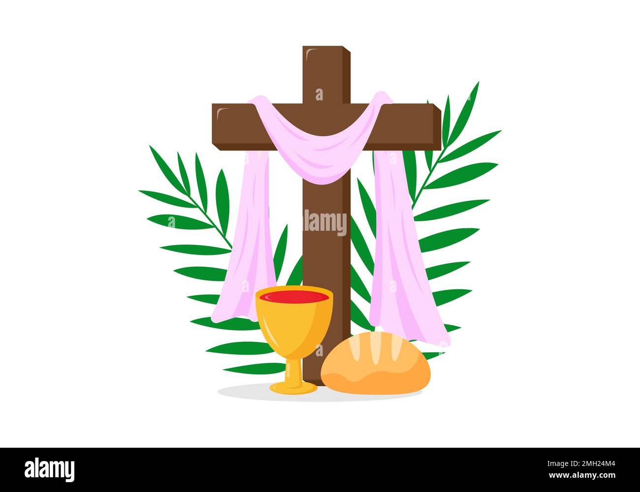 Carte de voeux chrétienne ou bannière de la semaine Sainte avant Pâques avec communion, branches de palmier, croix de Jésus-Christ, pain. vin. Illustration vectorielle Illustration de Vecteur